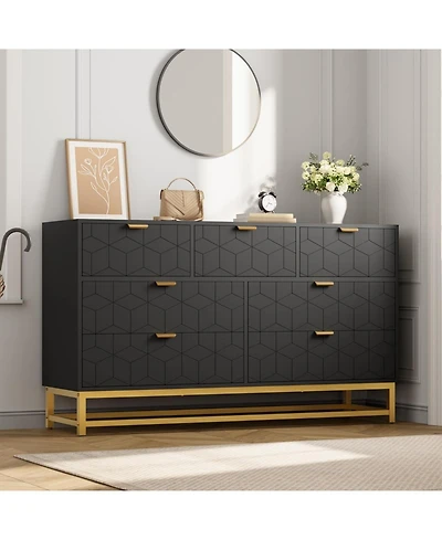 gaomon 53.5 Inch Black 7-Drawer Modern Dresser, Gold Metal Handle & Legs, Chest Storage Organizer for Closet, Entryway
