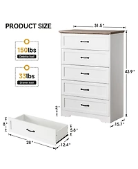 gaomon 5 Drawer White and Brown Modern Dresser, Chest of Drawers Organizers, Closet Storage Cabinet for Bedroom