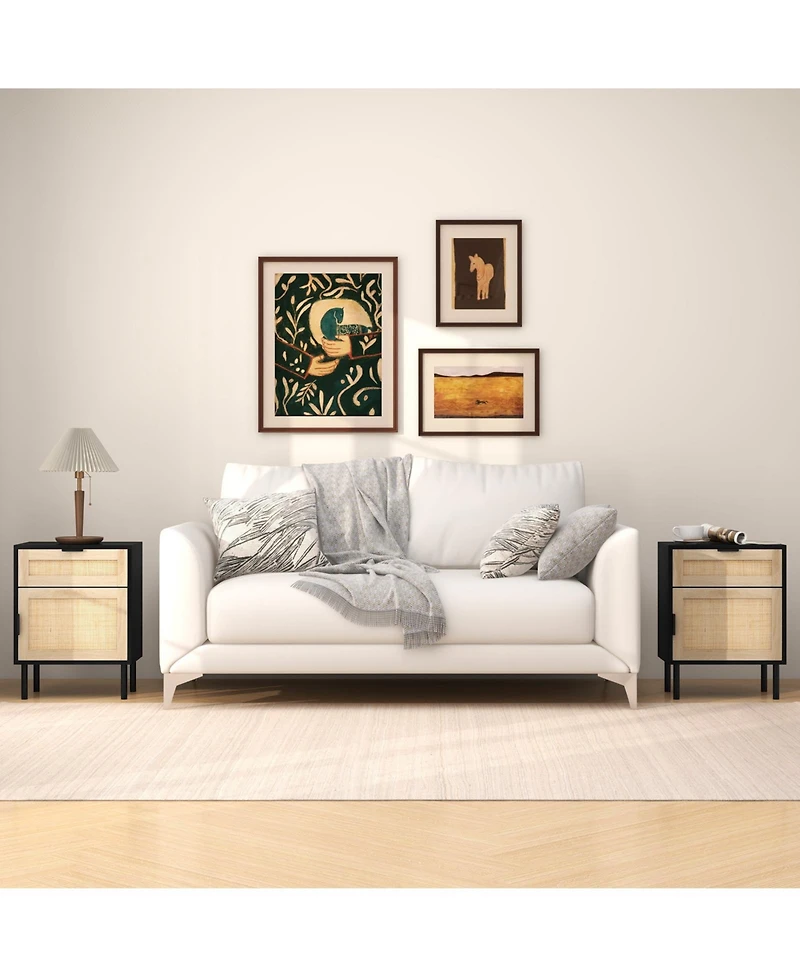 sumyeg Rattan Nightstand Set of 2 with Drawer and Cabinet