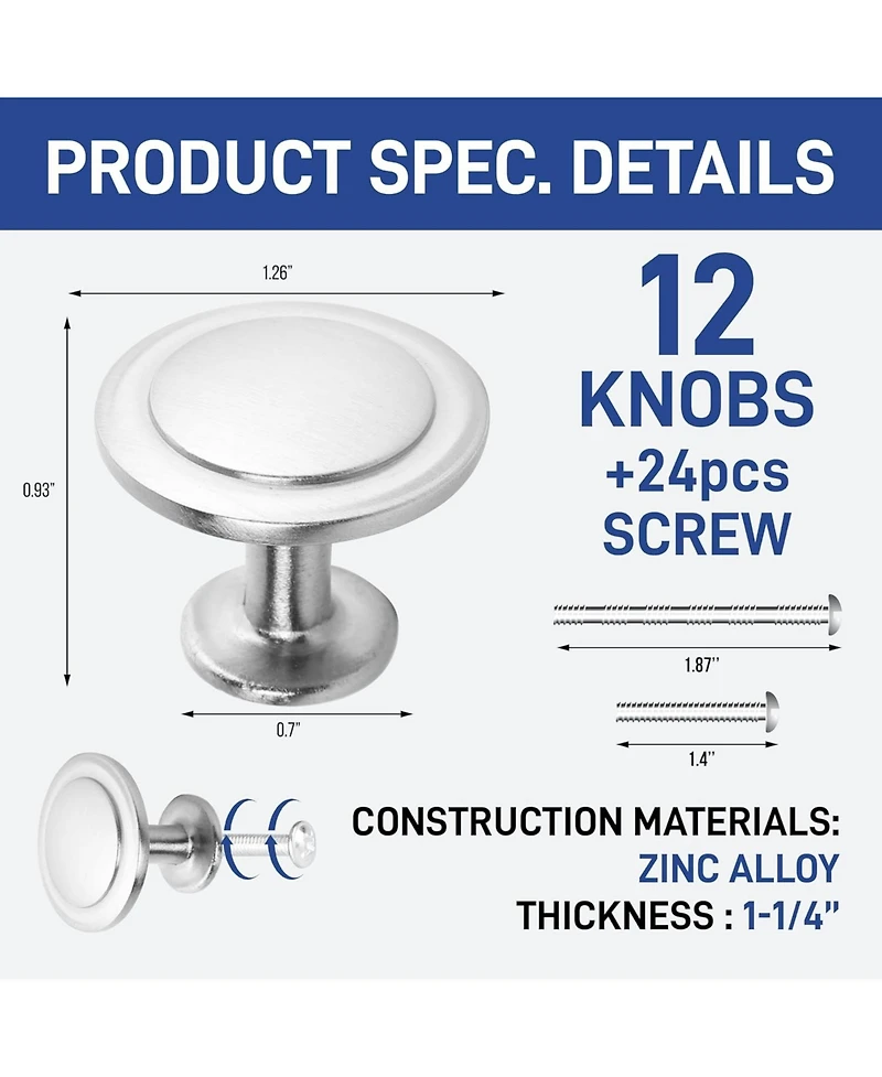 Lifemaster 12pcs 1-1/4″ Cabinet Knobs – Rust-Proof Brushed Nickel Zinc Alloy, Modern Design, Easy Install, 24 Screws Included