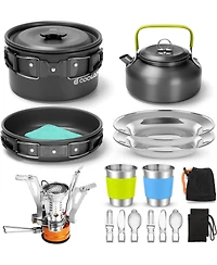 Aofar 16pcs Non-Stick Camping Cookware Set with Folding Stove & Stainless Steel Tableware