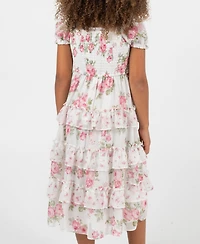 Rare Editions Girls' 2T-6X Twin Print Floral Chiffon Smocked Puff Sleeve Dress