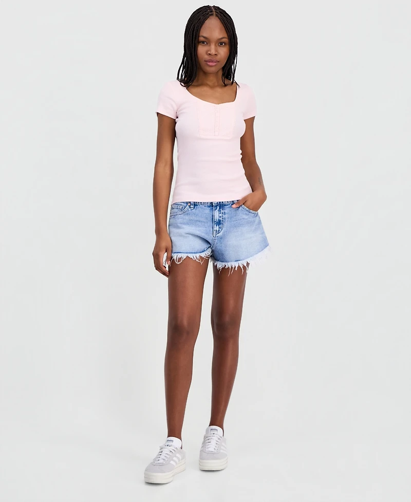 Just Polly Juniors' Ribbed Lace-Yoke Top