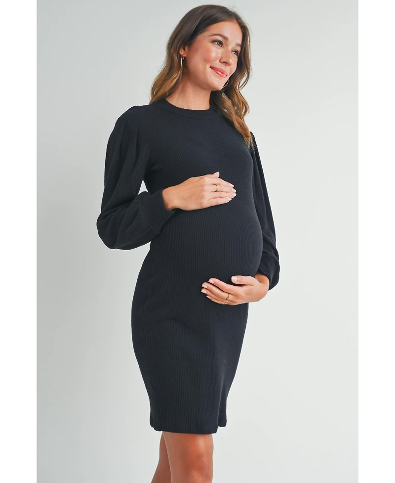 Hello Miz Maternity Ribbed Mock Neck Puff Long Sleeve Dress