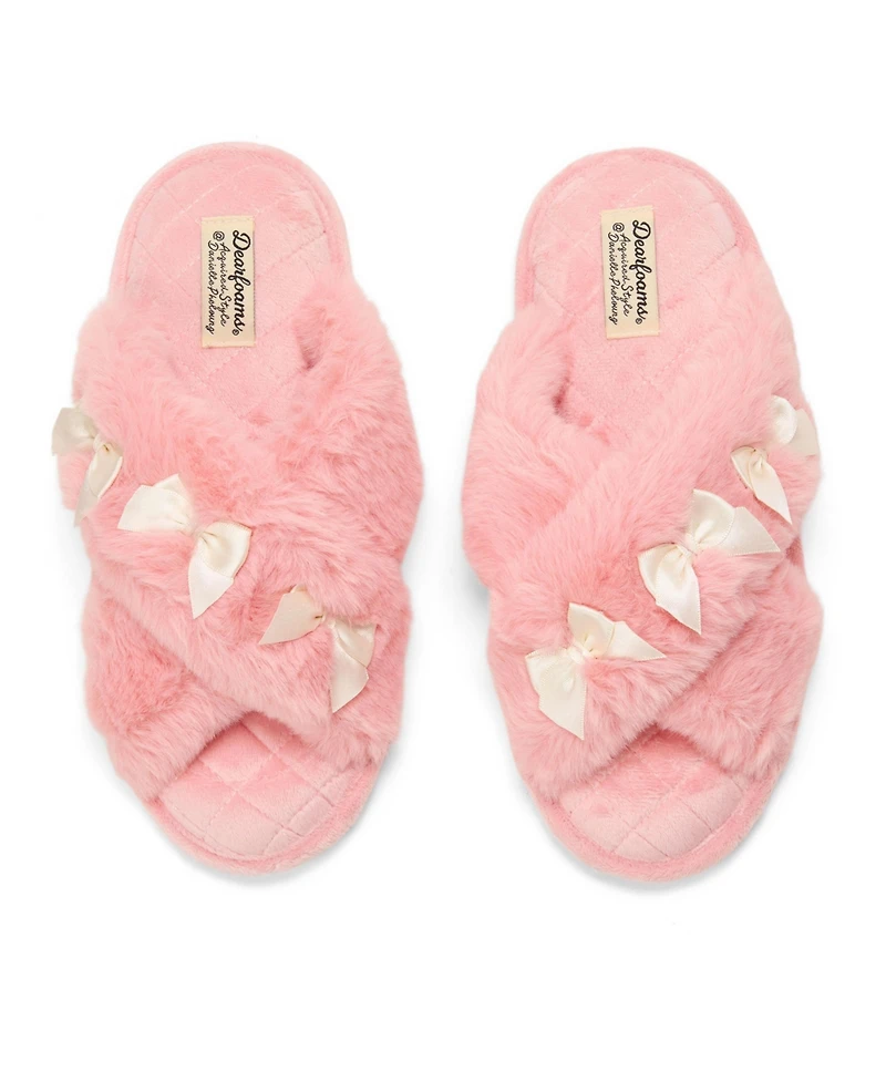 Dearfoams Women's Jessica Bows Furry Crossband Slide Slipper