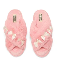 Dearfoams Women's Jessica Bows Furry Crossband Slide Slipper