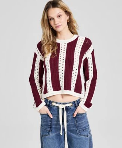 Now This Womens Crewneck Stripe Crochet Sweater Macys Exclusive