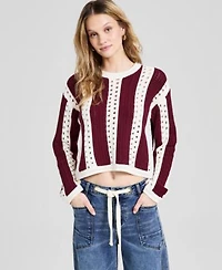 Now This Womens Crewneck Stripe Crochet Sweater Macys Exclusive