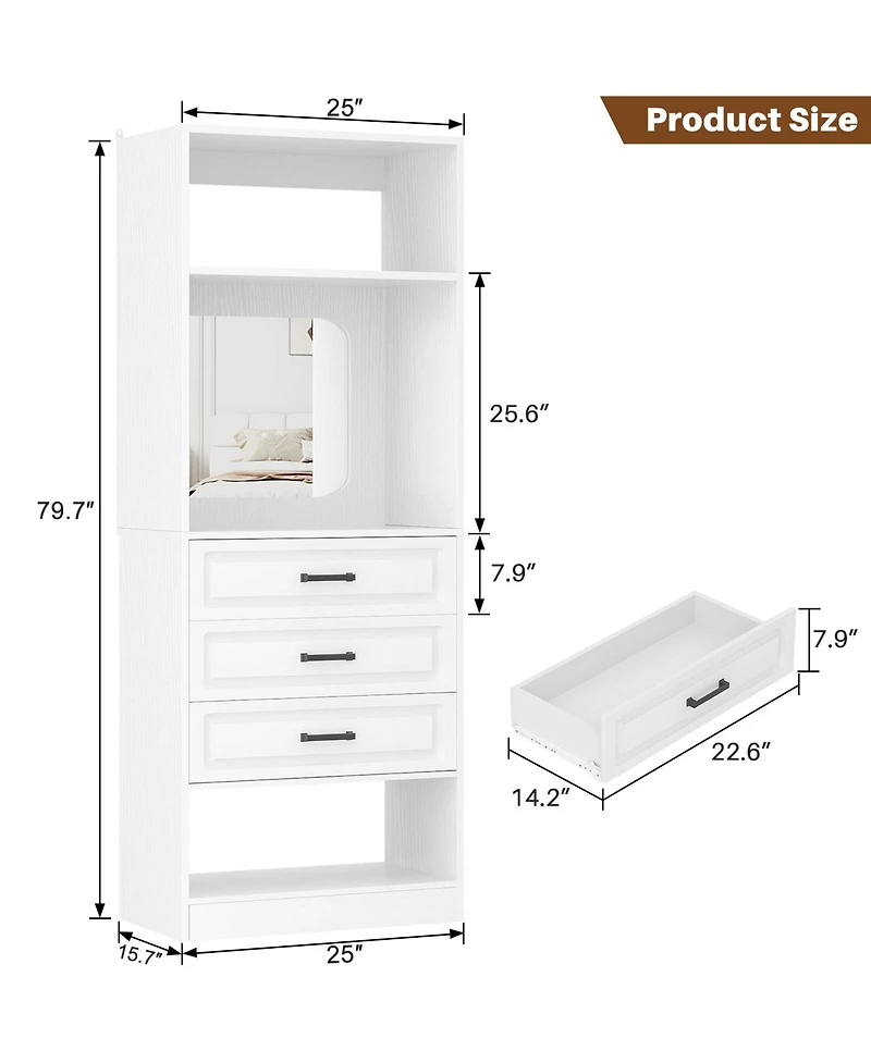 Aheaplus Mdf, Metal, Glass Freestanding Closet System with 3 Drawers, 25'' Closet Drawer Organizer with Mirror and Storage Shelves