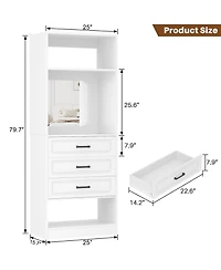 Aheaplus Mdf, Metal, Glass Freestanding Closet System with 3 Drawers, 25'' Closet Drawer Organizer with Mirror and Storage Shelves