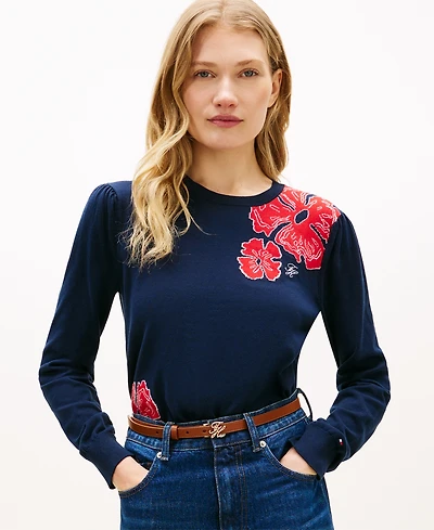 Tommy Hilfiger Women's Jacquard All-Over Floral Print Crewneck Sweater