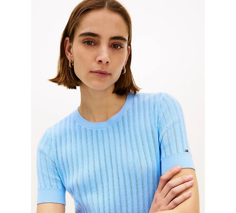 Tommy Hilfiger Women's Pointelle Ribbed Short-Sleeve Sweater