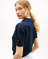 Tommy Hilfiger Women's Flag Pointelle Puff-Sleeve Polo Sweater