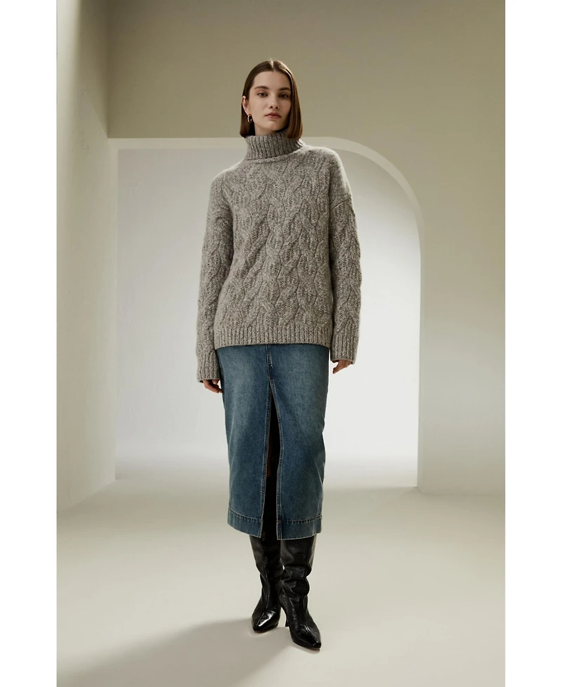 Lilysilk Women's Cable-Knit Cashmere Turtleneck Sweater