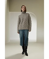 Lilysilk Women's Cable-Knit Cashmere Turtleneck Sweater