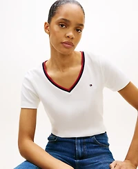 Tommy Hilfiger Women's Stripe Slim V-Neck Short-Sleeve T-Shirt