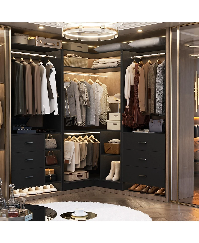 Freestanding Corner Closet Organizer, System with Hanging Rods and Storage Shelves