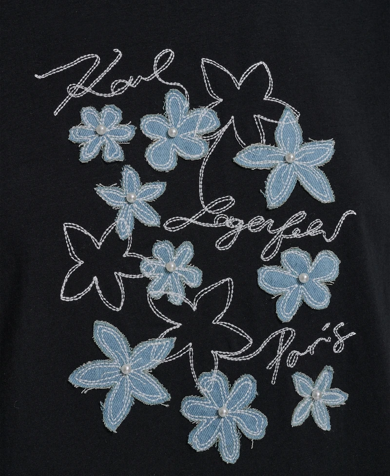 Karl Lagerfeld Paris Women's Crewneck Denim Flower T-Shirt