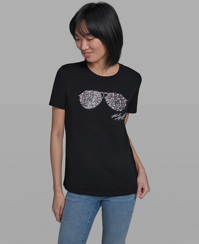 Karl Lagerfeld Paris Women's Crewneck Multi Jeweled Sunglass T-Shirt