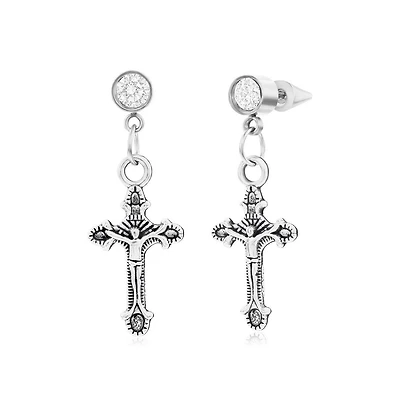 Stainless Steel Oxidized Cross Charm & Cz Huggie Hoop Earrings