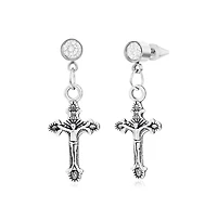 Stainless Steel Oxidized Cross Charm & Cz Huggie Hoop Earrings