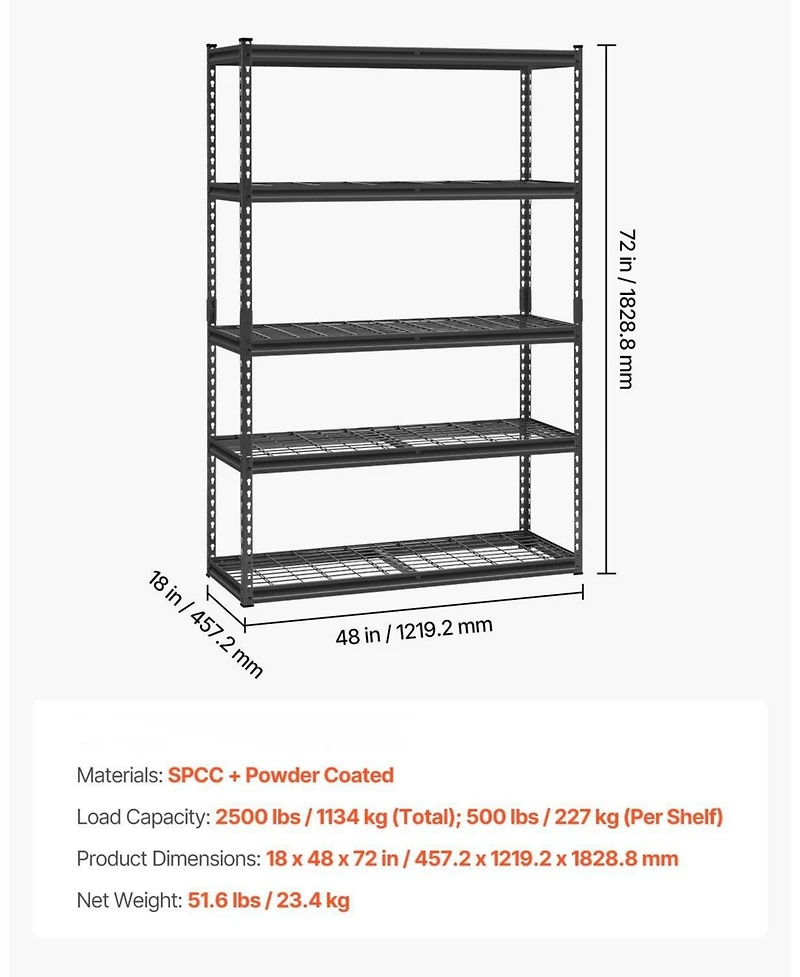 Mecale 5-Tier Storage Shelves, 2500-Lb Capacity, 18"D x 48"W x 72"H, Adjustable Heavy-Duty Utility Rack, Black