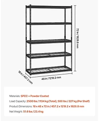 Mecale 5-Tier Storage Shelves, 2500-Lb Capacity, 18"D x 48"W x 72"H, Adjustable Heavy-Duty Utility Rack, Black