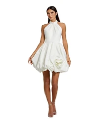 Mac Duggal Women's Satin High Neck Sleeveless Bubble Hem Mini Dress