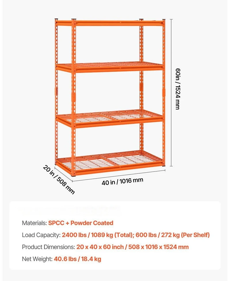 Mecale 4-Tier Storage Shelves, 2400-Lb Capacity, 20"D x 40"W x 60"H, Adjustable Heavy-Duty Utility Rack