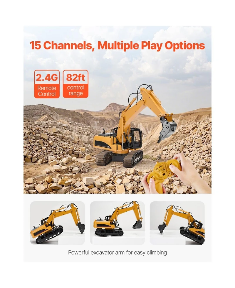 Slickblue Remote Control Excavator Toy, 15 Channel, 3 in 1 Remote Control Digger with Metal Shovel, 1:14 Scale Rc Excavator