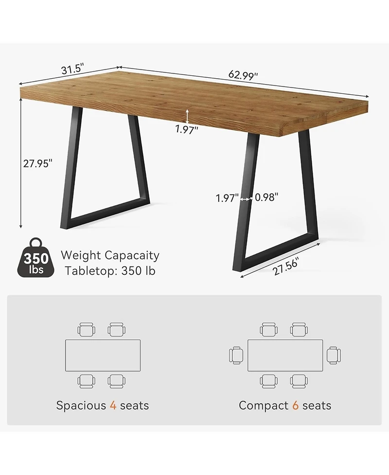Tribesigns 63" Industrial Dining Table for 4–6 with Solid Wood & Metal Legs