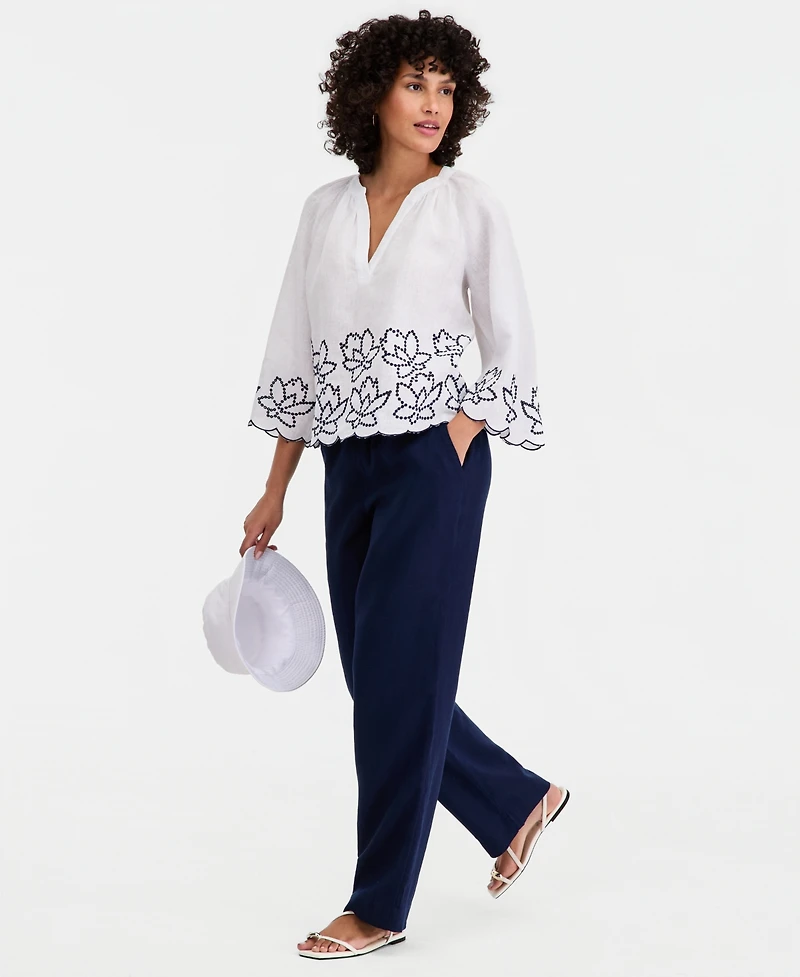 Charter Club Women's 100% Linen Raglan-Sleeve Cabana Top, Created for Macy's