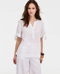 Charter Club Women's 100% Linen Split-Neck Tie-Cuff Top, Created for Macy's