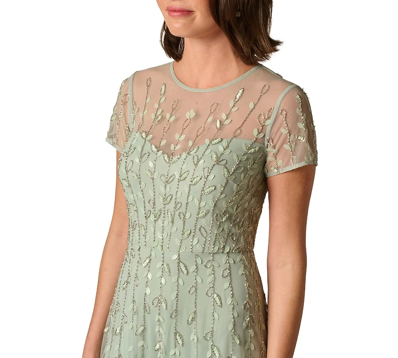 Adrianna Papell Women's Crewneck Beaded 3D Petal Ball Gown