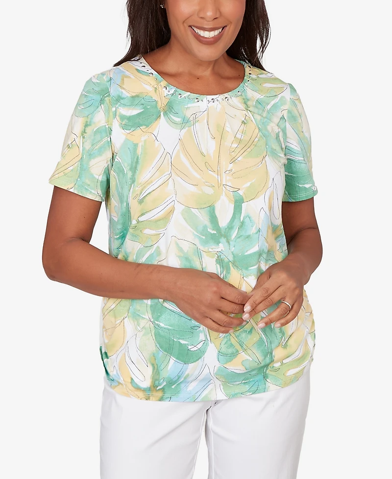 Alfred Dunner Petite Tropical Leaf Beaded Neck Ruched Top