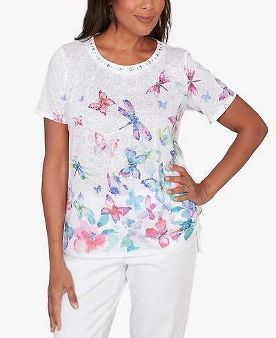 Alfred Dunner Petite Butterfly Beaded Side Tie Ruched Top