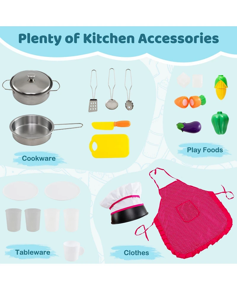 Hongge 2 Piece Wooden Kids Play Kitchen Set with Refrigerator Sink Stove and Realistic Lights and Sounds