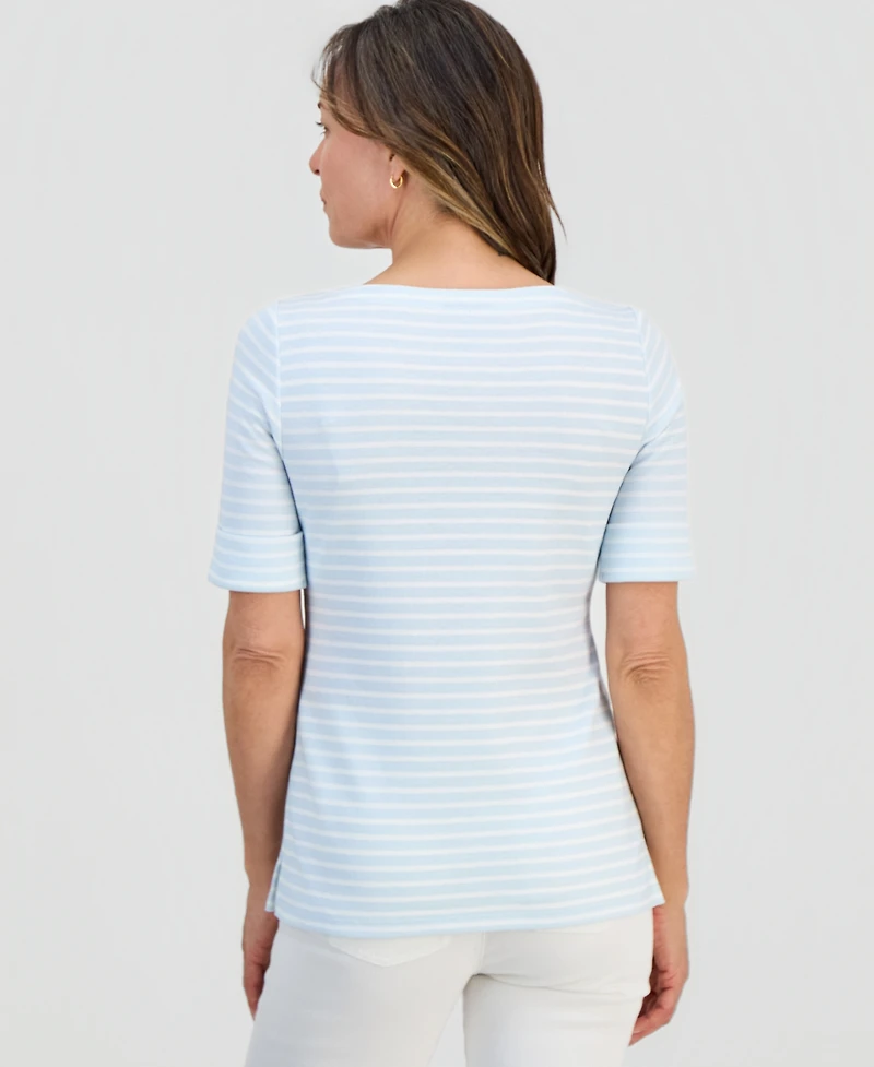 Style & Co Petite Striped Boat-Neck Elbow-Sleeve Top, Macy's Exclusive