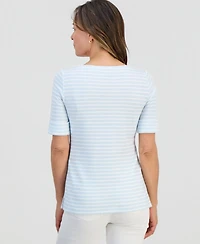 Style & Co Petite Striped Boat-Neck Elbow-Sleeve Top, Macy's Exclusive