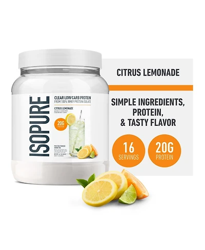 Isopure Clear Low Carb 100% Whey Protein Isolate Powder, Citrus Lemonade, 20g Protein, About 16 Servings