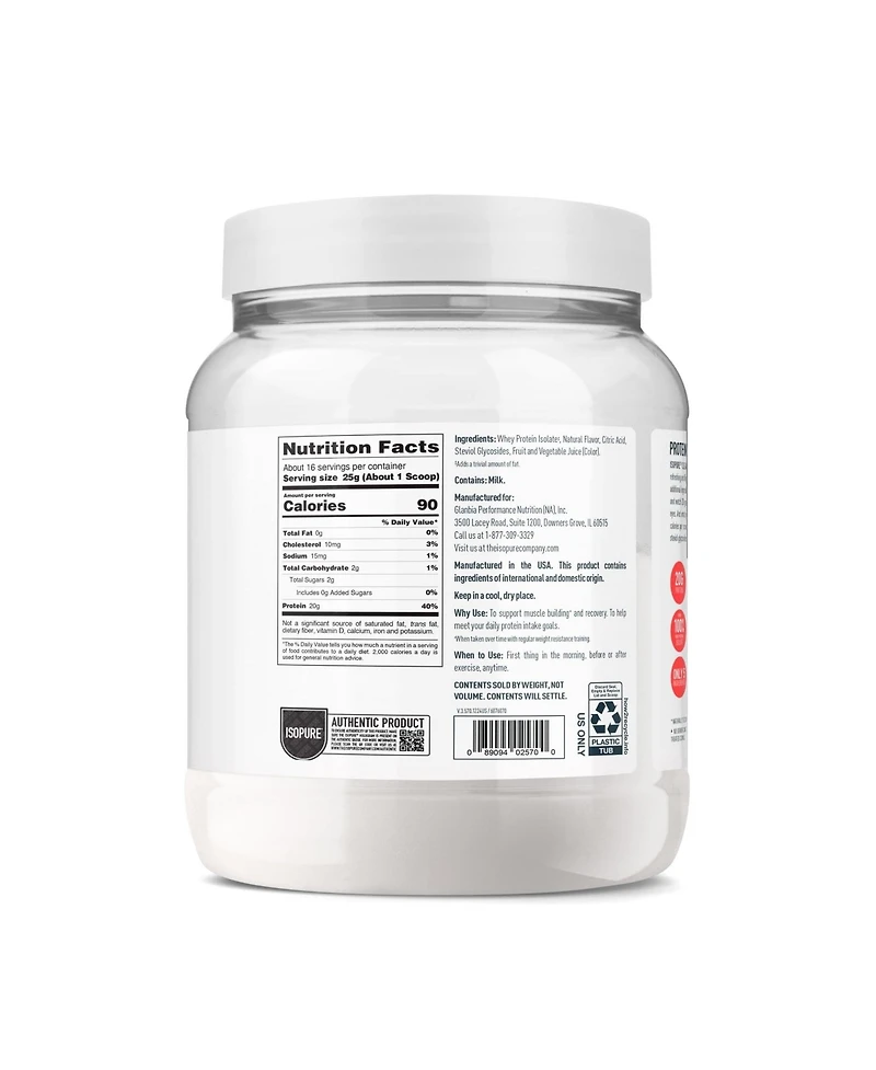 Isopure Clear Low Carb 100% Whey Protein Isolate Powder, Watermelon Lime, 20g Protein, About 16 Servings