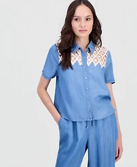 And Now This Petite Crochet-Inset Chambray Short-Sleeve Shirt, Macy's Exclusive