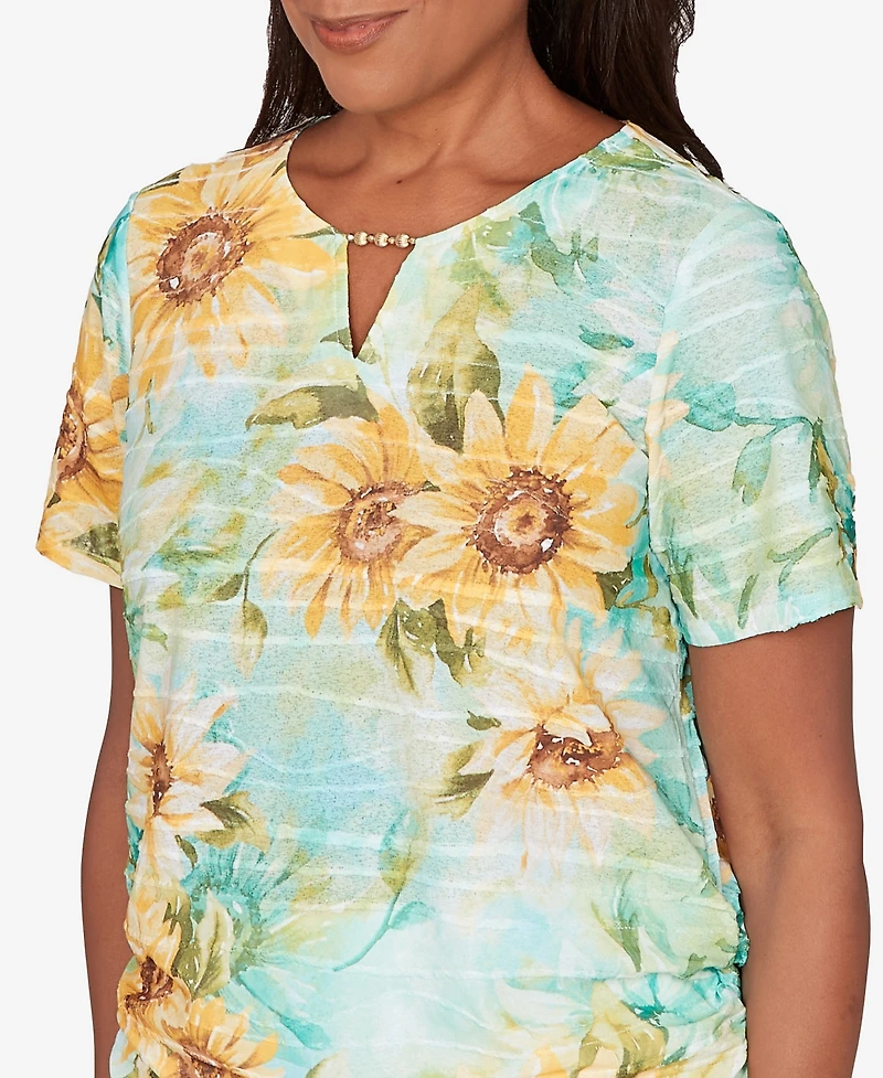 Alfred Dunner Women's Sunflower Keyhole Neck Side Ruched T-Shirt