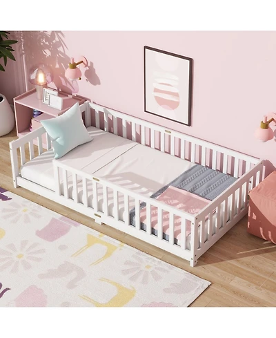 Streamdale Furniture Twin Floor Bed with Fence, Rubber Wood