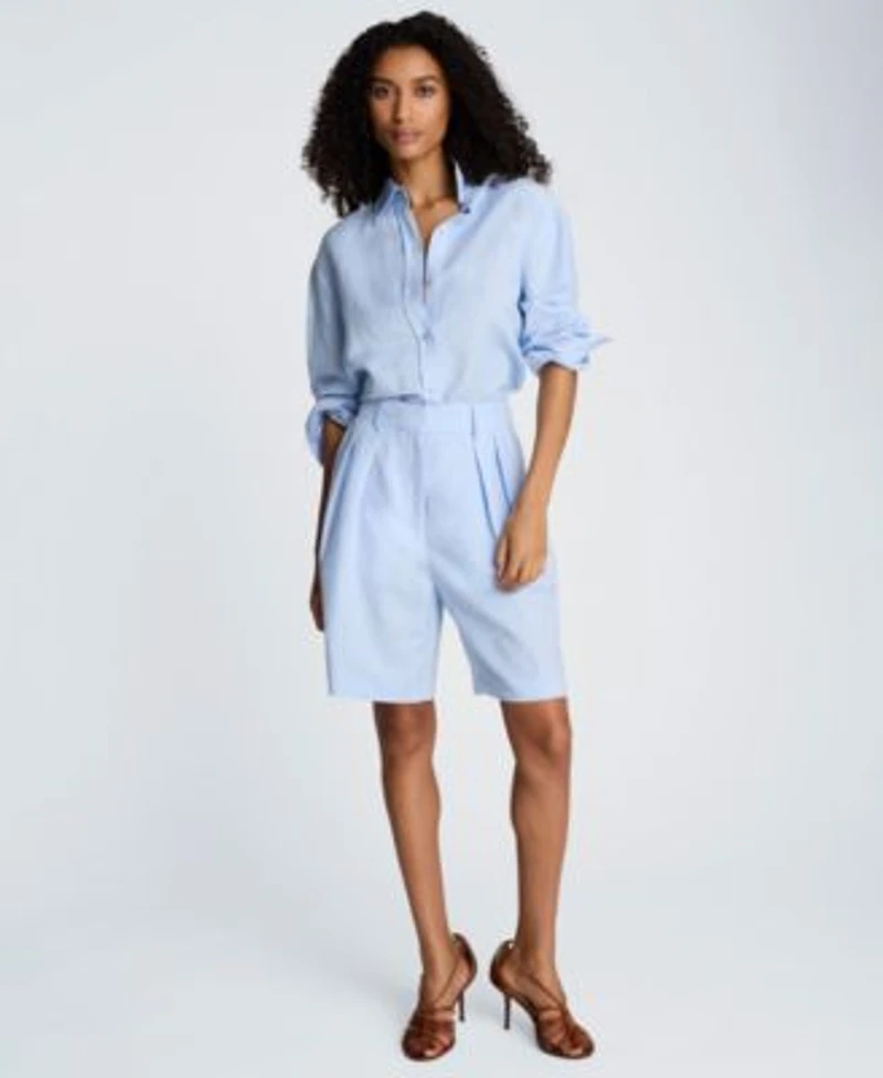 Kenneth Cole Womens Long Sleeve Button Front Top High Rise Pleated Shorts