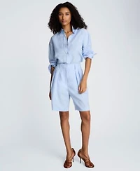 Kenneth Cole Womens Long Sleeve Button Front Top High Rise Pleated Shorts