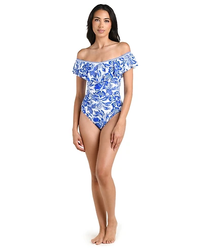 La Blanca Women's Botanical Brocade Ruffle One-Piece Swimsuit