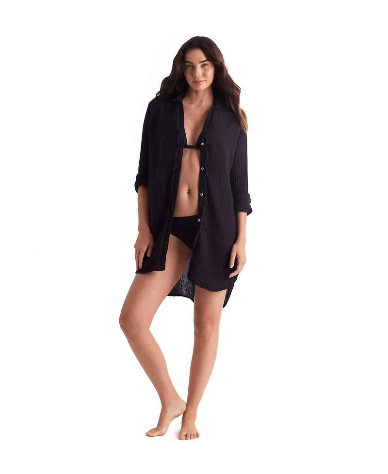 Mimi Flamingo Women's Laguna Collared V-Neck Fray Shirt