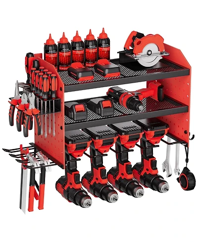 Mecale Wall-Mount Power Tool Organizer, 3-Tier Rack w/ 4 Drill Holders & Side Pegboards, Garage/Workshop Storage