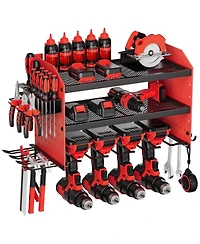 Mecale Wall-Mount Power Tool Organizer, 3-Tier Rack w/ 4 Drill Holders & Side Pegboards, Garage/Workshop Storage